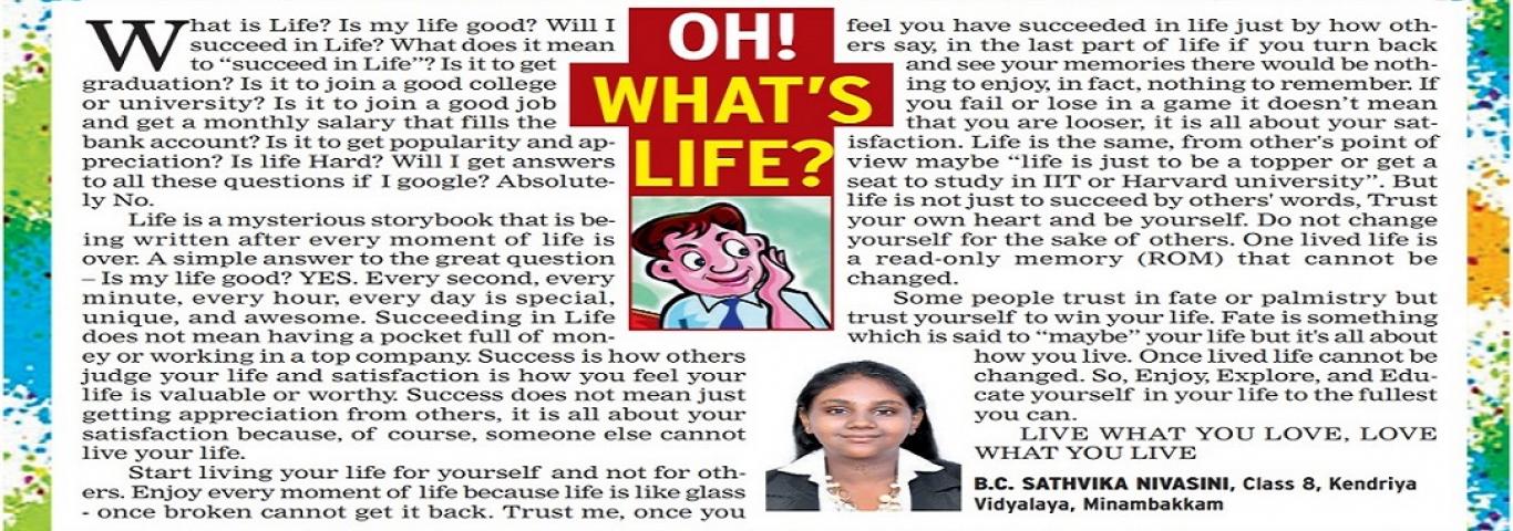 Article on what's  life  written by B.C. Sathvika  Nivasini is published in Times of India on 21-09-2022